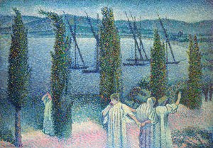 ヒノキの木のある沿岸ビュー、1896年 作： Henri Edmond Cross
